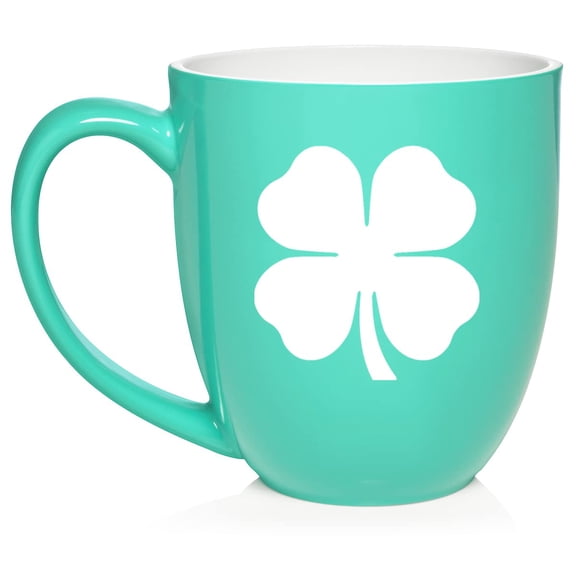 4 Leaf Clover Shamrock Ceramic Coffee Mug Tea Cup Gift for Her, Sister, Wife, Friend, Coworker, Boss, Mom, Girlfriend, Husband, St. Patrick's Day, Birthday, Housewarming, Cute, Wedding (16 oz Teal)