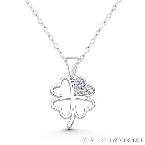 4-Leaf Cubic Zirconia CZ Crystal Irish Luck Charm 24x14mm (0.9x0.55in) Pendant & Chain Necklace in .925 Sterling Silver w/ Rhodium