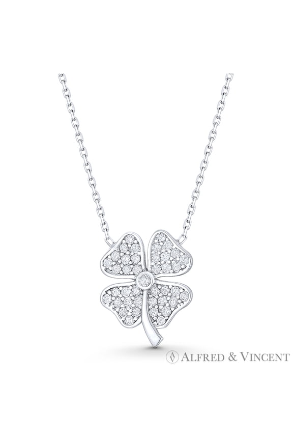 4-Leaf Shamrock CZ Crystal Irish Luck Charm Pendant & Chain Necklace in .925 Sterling Silver w/ Rhodium