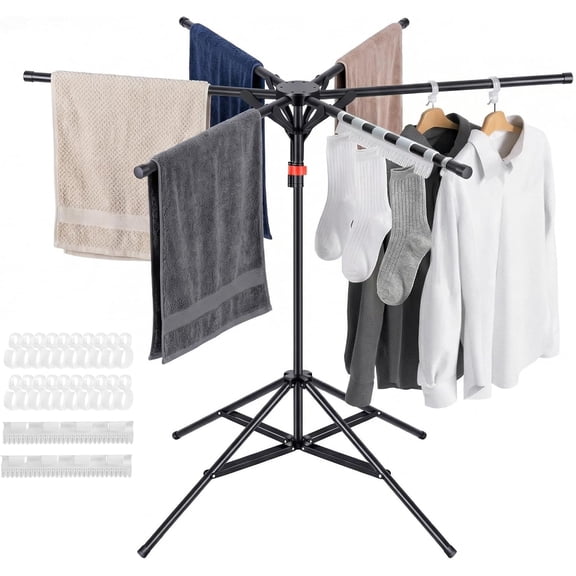 4-Leg Clothes Drying Rack with 6 Adjustable Poles, 20 Windproof Hooks and 2 Sock Clips Foldable Laundry Drying Rack, Space-Saving Indoor/Outdoor Clothes No-Installation Drying Stand, Black