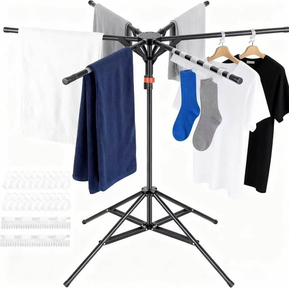 4-Leg Clothes Drying Rack with 6 Adjustable Poles for Indoor/Outdoorr,Clothing and Height-Adjustable, Space Saving Laundry Drying Rack with 20 Windproof Hooks and 2 Sock No-Installation Drying Stand