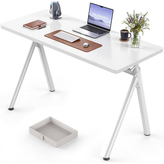 4-Leg Pneumatic Adjustable Standing Desk for Walking Pad or Treadmill Stable Fixed Frame, 40" White Computer Desk with Fabric Drawer
