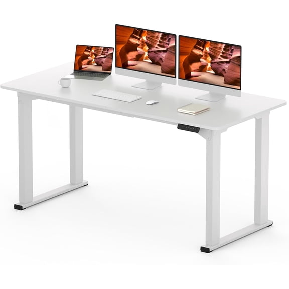4 Legs Standing Desk, Large 63x28 Inches Electric Adjustable Height Desk with Splice Board, Stand Up Desks Home Office Computer Workstation, White