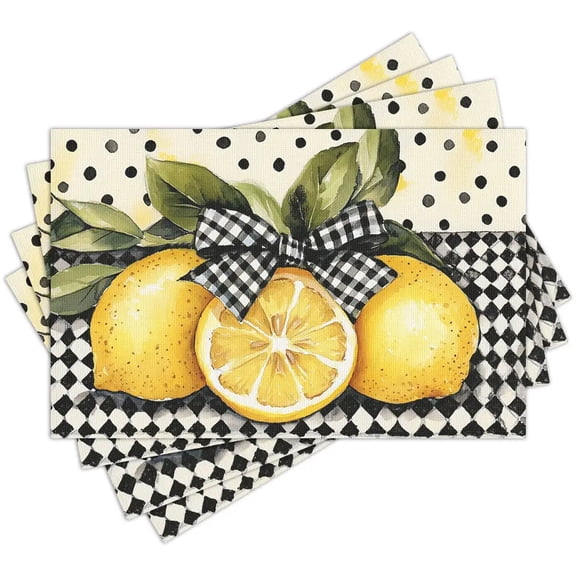 Of 4 Lemon-Patterned Checkered Placemats - Washable Rectangular Table Mats Featuring Lemon Slices And a Black And White Design, Perfect for Lemon Yellow Kitchen Dining Decor