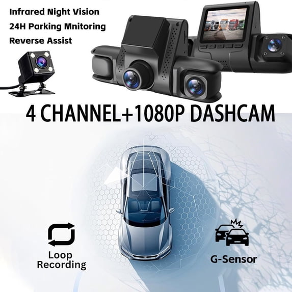 4 Lens 1080P Dash Cam for Car, Front Rear and Side Cameras with Night Vision, Parking Monitor, Loop Recording, G-Sensor, Supports 128GB