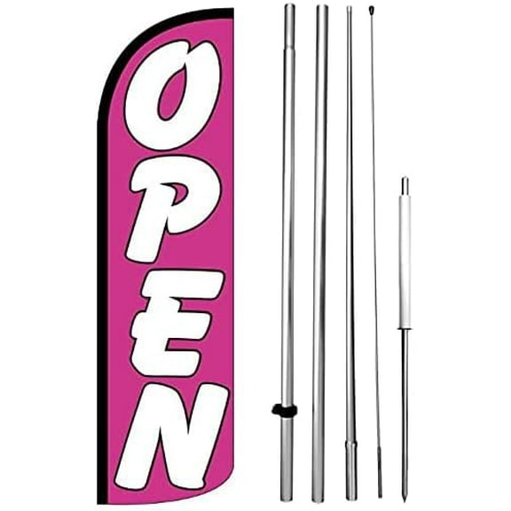 4 Less Co OPEN Windless Swooper Flag Feather Banner Sign 15' Tall Pole Spike Kit pq- Pink