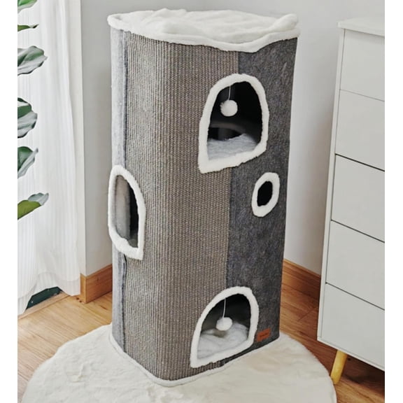 4-Level Cat House for Indoor Cats, Large Adult Cat Cave Bed Cats Cube House with Scratch Pad Cat Towers, Cute Kitten Condo Hideaway Hut with Soft Pillow Mat for Multi Pets Under 55 lbs