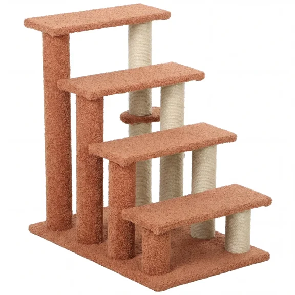 4-Level Cat Steps with Scratching Posts, Cat Staircase with Play Ball, Portable Cat Tree for Bed & Sofa, Brown, 25.25" H
