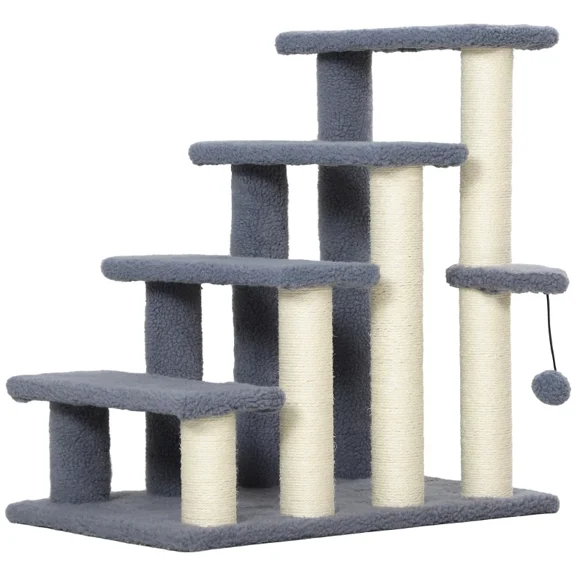 4-Level Cat Steps with Scratching Posts, Cat Staircase with Play Ball, Portable Cat Tree for Bed & Sofa, Gray, 25.25" H