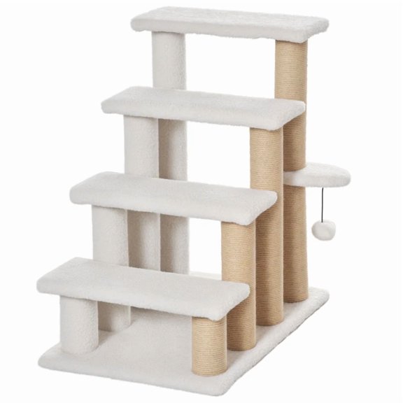 4-Level Cat Steps with Scratching Posts, Cat Staircase with Play Ball, Portable Cat Tree for Bed & Sofa, White, 25.25" H