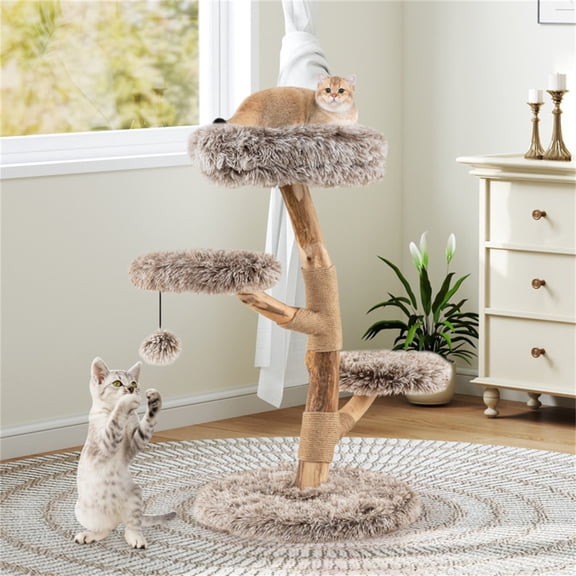 4-Level Cat Tree Tower with Scratching Posts, Natural Pear Wood & Plush Perch for Indoor Cats, 35.5H, Cozy Cat Condo, Apartment Cat Furniture, Includes Hanging Toy Ball