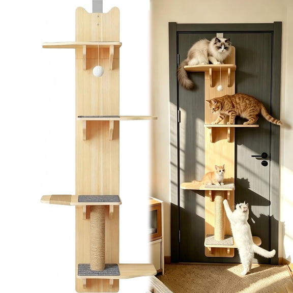 4-Level Over the Door Wooden Cat Tree, Space Saving Door Hanging Cat Shelf with Sisal Scratching, Cat Head Style, 59 In