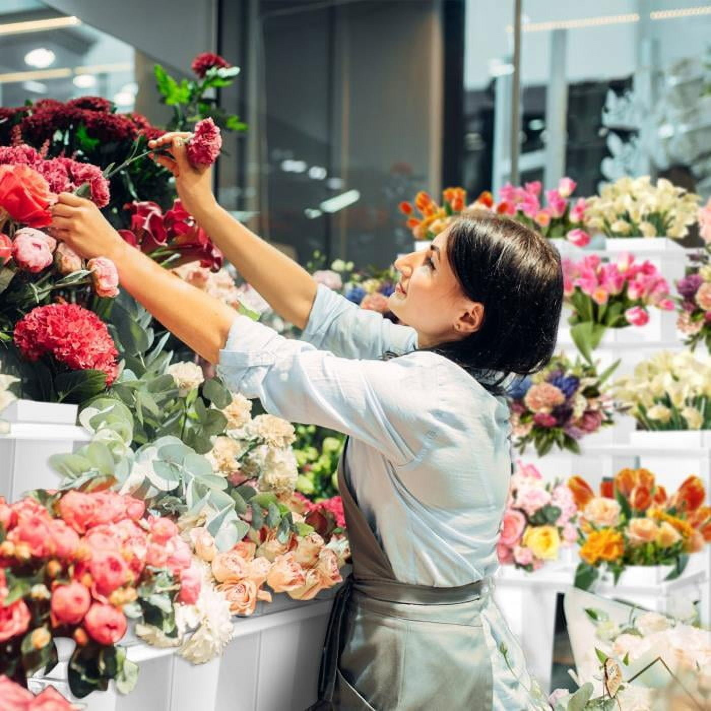 4-Level White Metal Flower Rack with Wheels and 16 White Rectangular ...