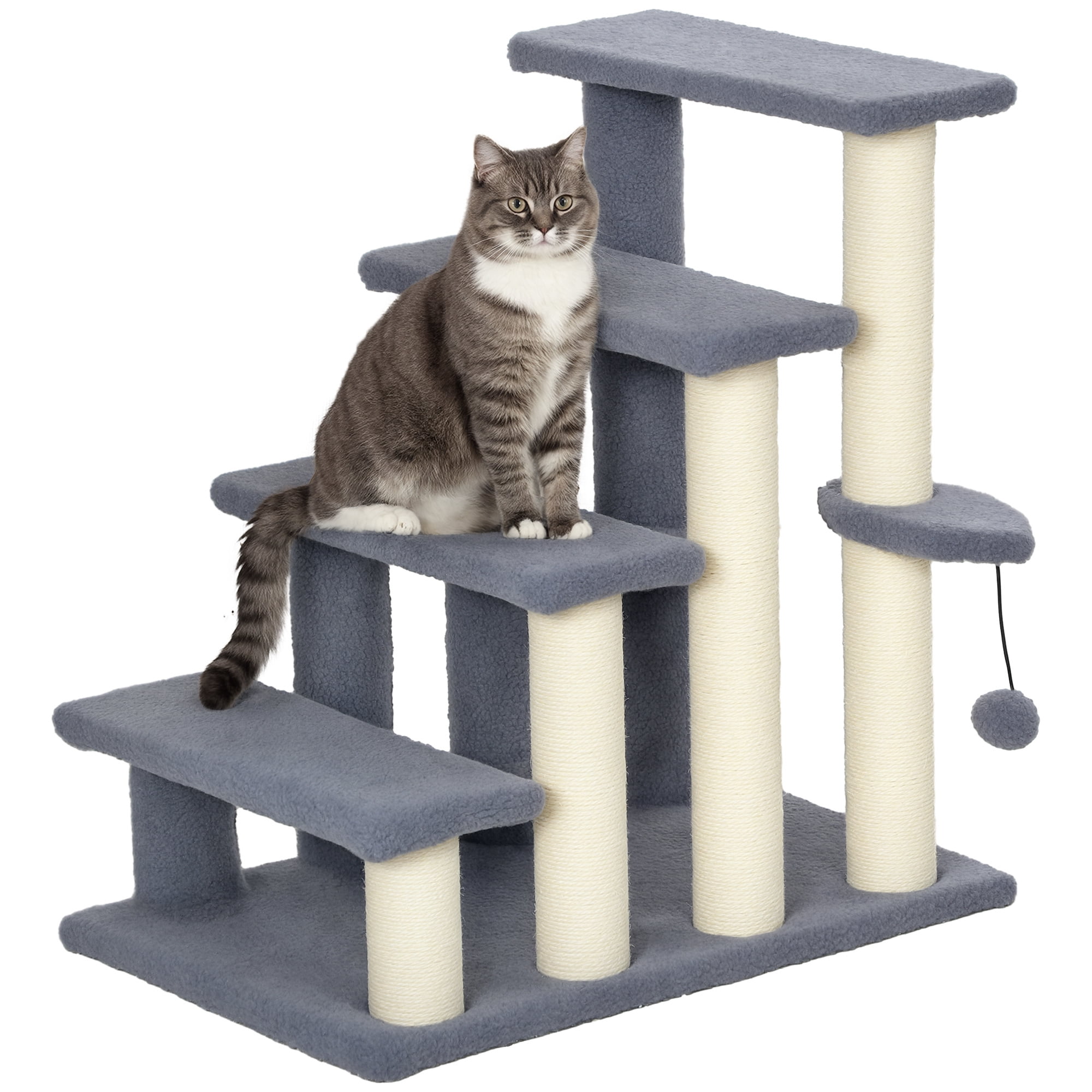4 Levels Cat Steps, Pet Stairs Carpeted Ladder, Kitten Tree Climber with Scratching Posts, Hanging Play Ball, Side Step, for High Bed, Sofa, Gray
