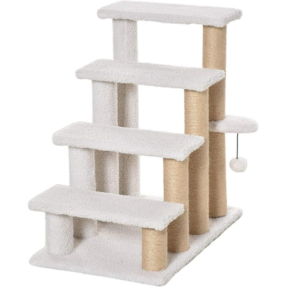 4 Levels Cat Steps, Pet Stairs Carpeted Ladder, Kitten Tree Climber with Scratching Posts, Hanging Play Ball, Side Step, for High Bed, Sofa, White
