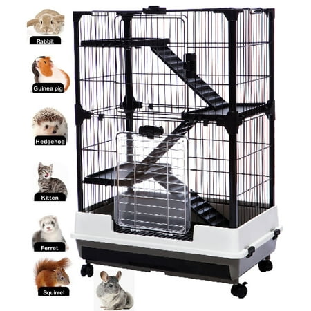 4-Levels Deluxe Durable Small Animal Critter Guinea Pig Rabbit Home Cage for Ferret Chinchilla Cat Playpen Hutch Solid Platform Ramp Pull Out Leakproof Litter Tray Large Access Doors Lockable Caster