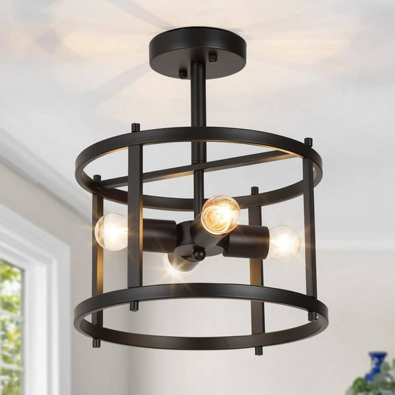 LNC Black Drum 4-Light Semi Flush Mount Ceiling Light, Open Cage Fixture