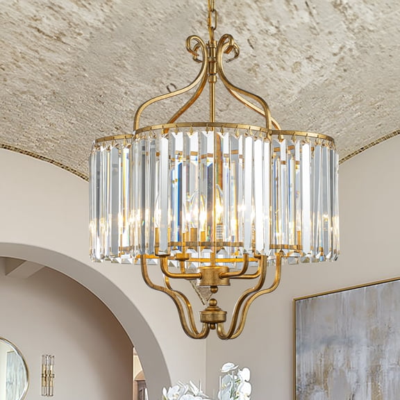 4-Light 18'' Contemporary Glam Crystal Chandelier Matte Gold Elegant French Style Dining Room & Living Room Hanging Light