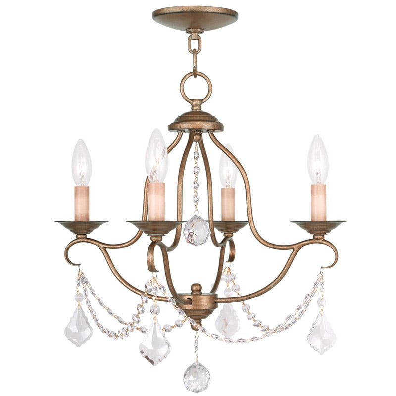 Antique Gold Leaf Brass Mini 4-Light Chandelier with Crystal Accents