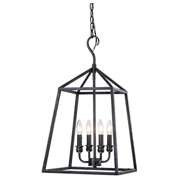4-Light Aged Black Forged Iron Lantern Pendant Light 14" Geometric Cage Farmhouse Chandelier Chain Hanging Foyer Pendant Lighting Fixture for Kitchen Island Dining Room