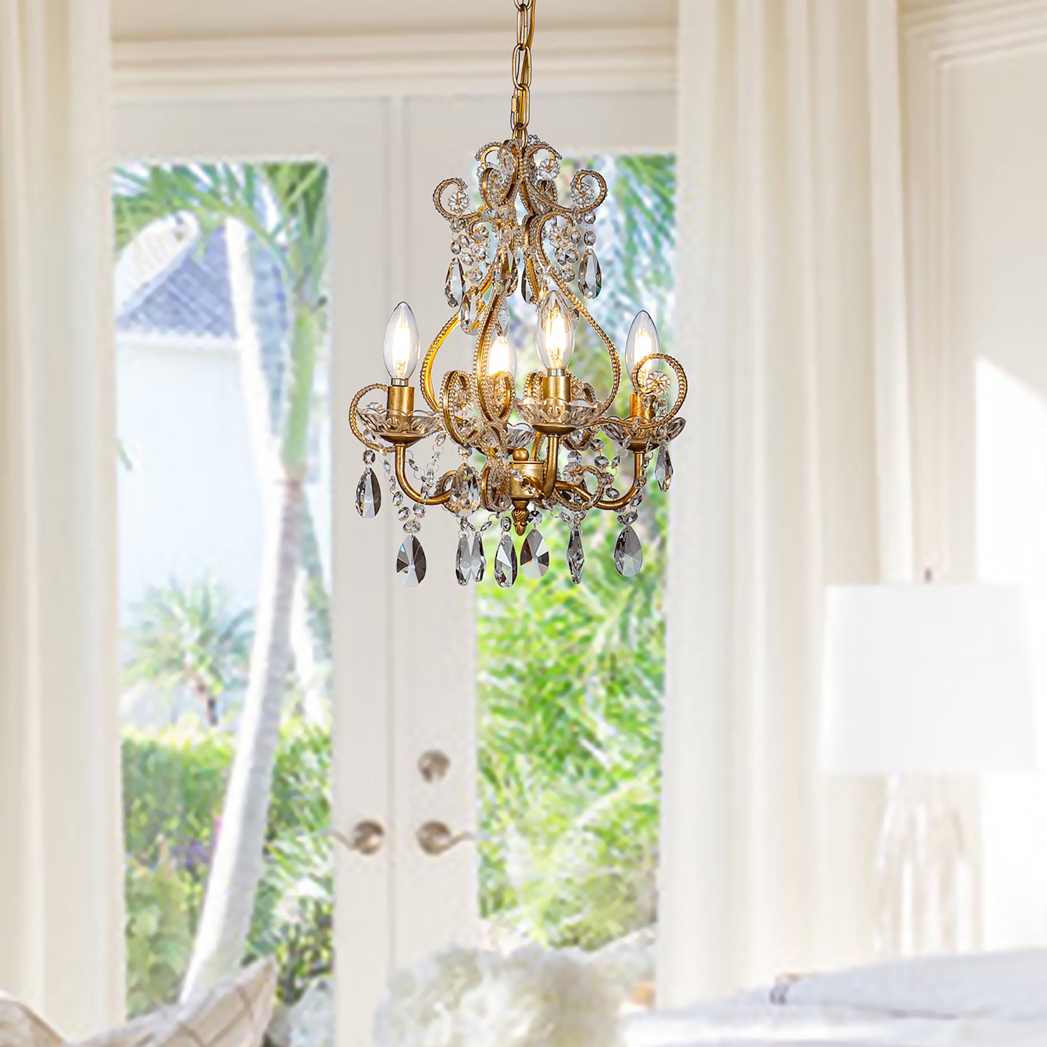 4-Light Antique Gold Crystal Candlestick Chandelier with Teardrop Beads Chandelier