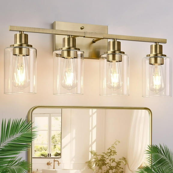 4 Light Bathroom Light Fixtures, Brass Vanity Lights for Bathroom with Clear Glass Shades, Modern Bathroom Wall Sconces for Mirror Living Room Cabinet