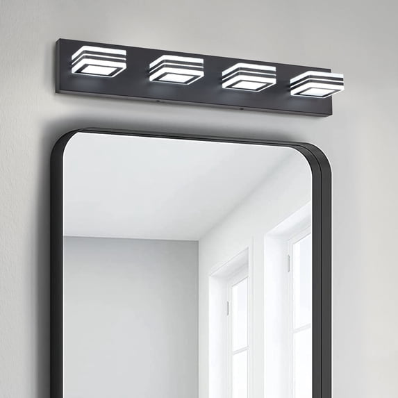 4 Light Bathroom Square shape Vanity Light Over Mirror Modern 25.6in Led Vanity Light Fixture Lights for Bath Dimmable Matt Black