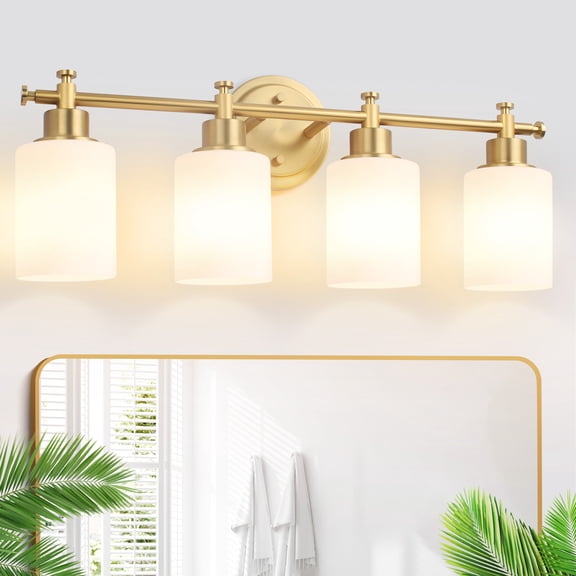 4-Light Bathroom Vanity Light, Brushed Gold Vanity Lights for Bathroom, Modern Champagne Gold Wall Sconce with White Glass Shades, Anti-Rust Light Fixtures over Mirror (Bulbs Not Included, E26 Base)