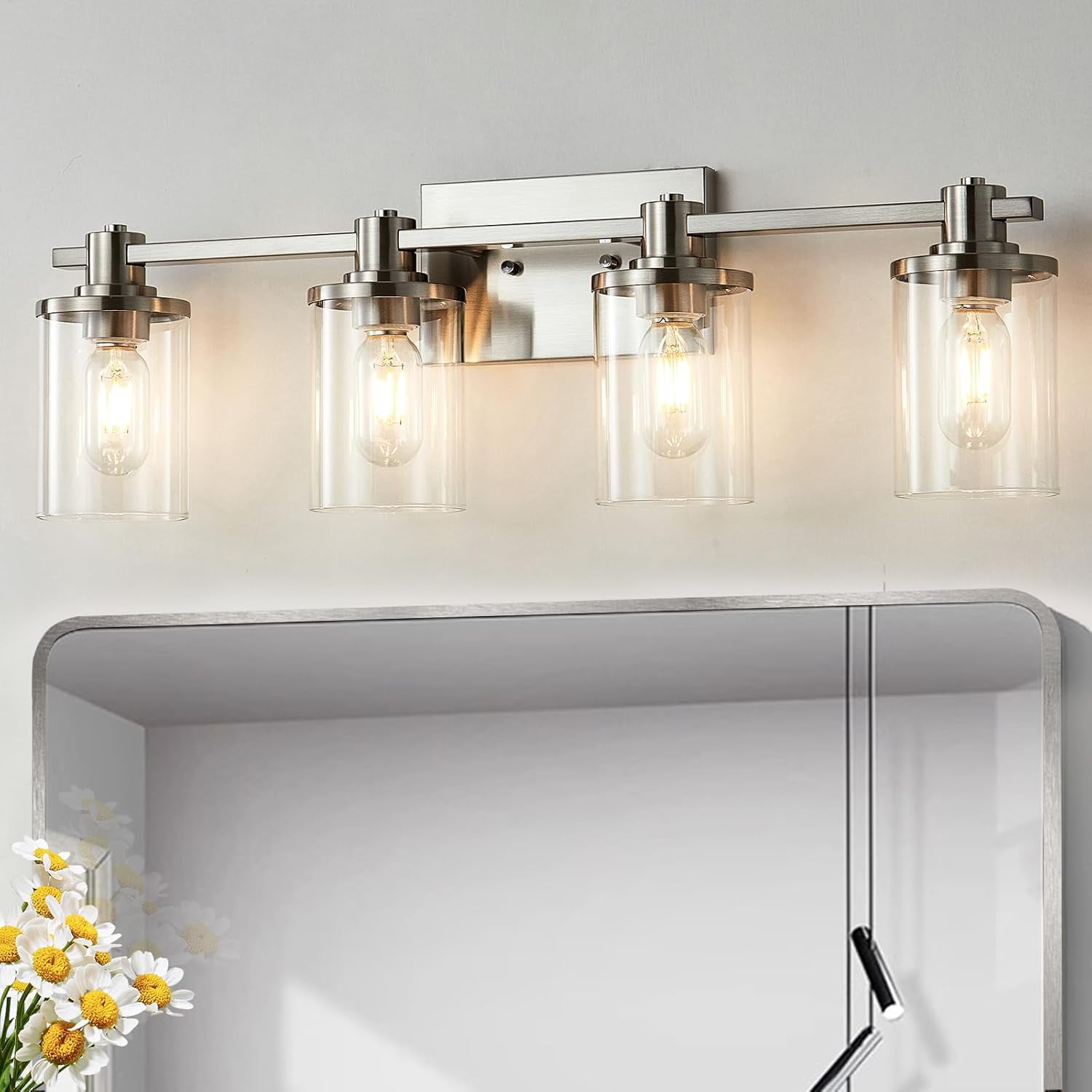 Maxim Shelter 2-Light Vanity Light - Satin Nickel Finish With Tapered Glass Shades