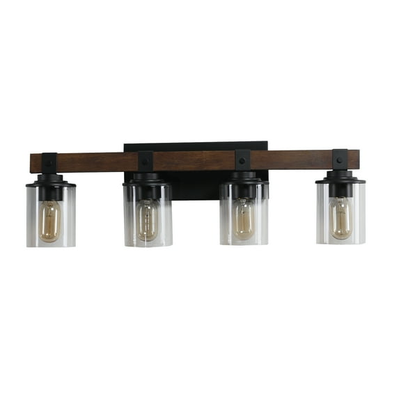 4-Light Bathroom Vanity Light,Farmhouse Bathroom Light Fixtures,Rustic Wood Bathroom Lighting over Mirror,Black Vanity Light Ffixture with Clear Glass Shade wall Sconce for Living Room Bedroom