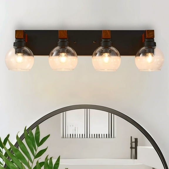 4 Light Bathroom Vanity Light Fixture,Black and Gold Bathroom Finish Over Mirror,Farmhouse Wall Sconces with Clear Glass Shade for Living Room Bedroom