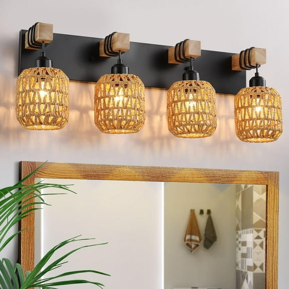 4 Light Bathroom Vanity Light Fixtures,Rustic Style Wood Bathroom Wall Sconce, with  Wicker Lampshade，Suitable for Bedroom, Hallway, and Living Room,Rattan Black Farmhouse Wall Sconce