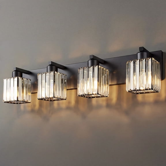 4-Light Bathroom Vanity Light, K9 Crystal Shade Wall Fixture, Black Finish, E26 Base, Dimmable Design, Upward or Downward Installation