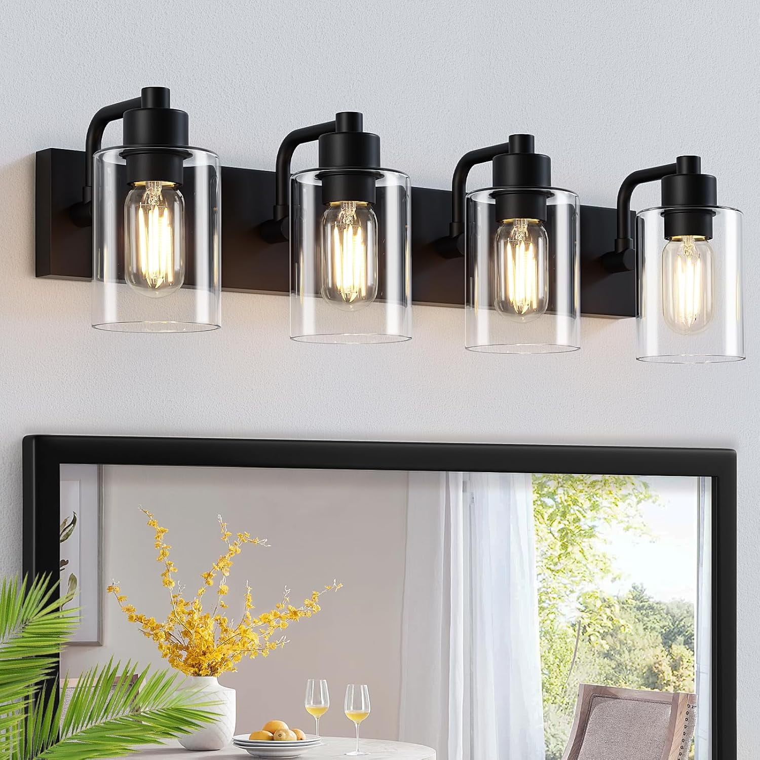 4-Light Bathroom Vanity Light Matte Black Bathroom Lights over Mirror with Clear Glass Shade for Bedroom,Living Room