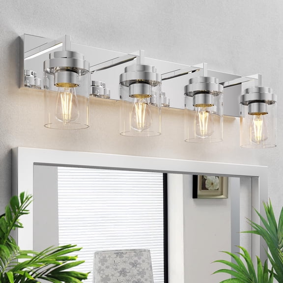 4 Light Bathroom Vanity Light with Clear Glass Shade Bathroom Lighting Fixtures Over Mirror - Chrome