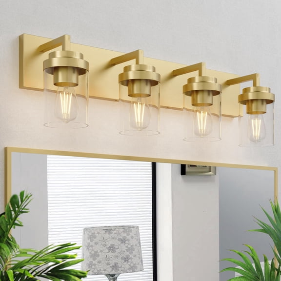 4 Light Bathroom Vanity Light with Clear Glass Shade Bathroom Lighting Fixtures Over Mirror - Gold