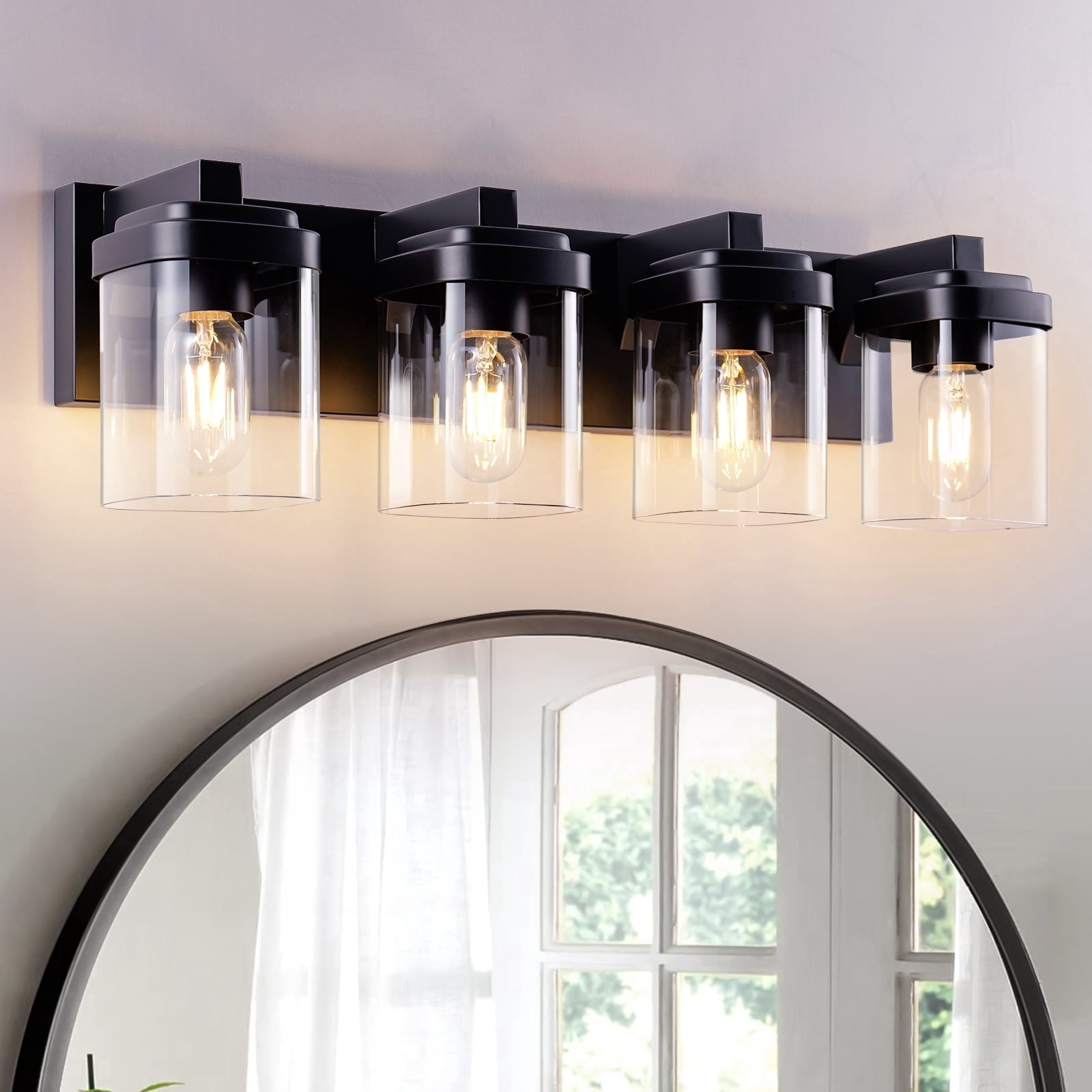 4-Light Black Bathroom Vanity Light, Modern Vanity Lighting Fixture for Bathroom, 24.09" Matte Light Fixture, Wall Sconces with Clear Glass Shade, Black Bathroom Wall Light Over Mirror