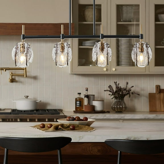 4-Light Black & Brass Chandelier with Clear Glass Shades Adjustable Hanging Pendant Light for Dining Room, Kitchen, Living Room