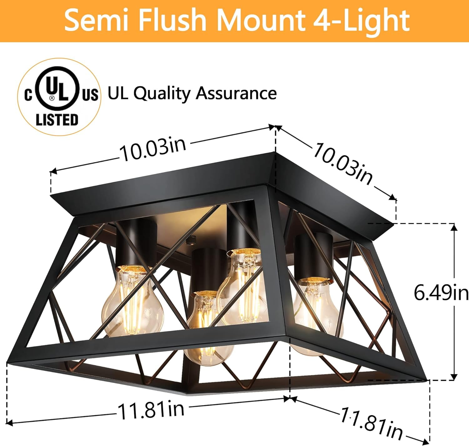 4-Light Black Flush Mount Ceiling Light for Kitchen Hallway, Industrial ...
