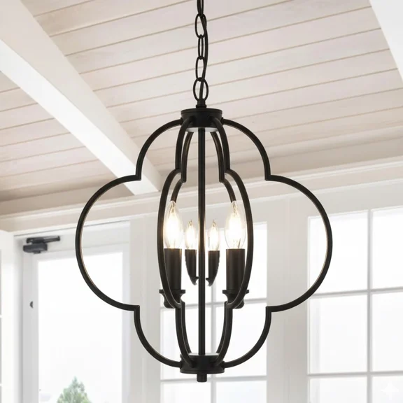 4-Light Black Foyer Chandelier Lantern, Farmhouse Pendant Light Fixtures for Dining Room,Living Room,Kitchen Island