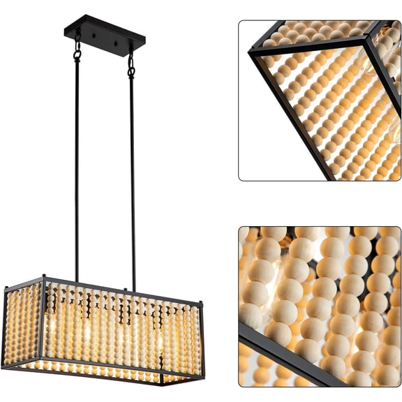 4-Light Bohemian Wood Beaded Chandelier Rectangular Pendant Lighting Boho Light Fixture Antique Metal Black Finish Hanging Light Fixture Adjustable Height for Dining Room Kitchen Island Bedroom