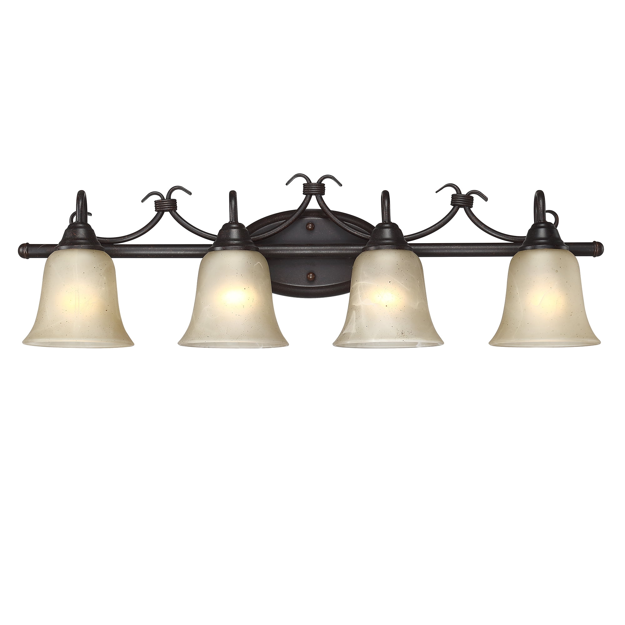 4-Light Bronze Bathroom Light, Retro Bathroom Light Fixtures with White Opal Glass Bell Shape Shades