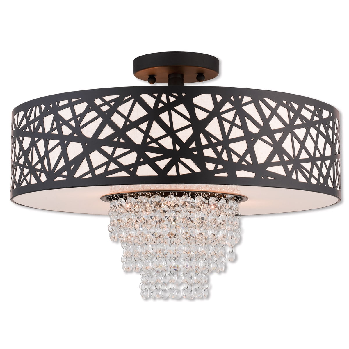 4 Light Bronze Ceiling Light fixture with Oatmeal Color Fabric Hardback Inside & Clear Crystals Shade