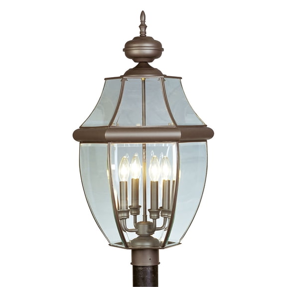 4 Light Bronze Outdoor Post Lantern Pendant Lighting Fixture with Clear Beveled Glass Shade backed with Hand Crafted Solid Brass material for patio, front porch, entryway and more