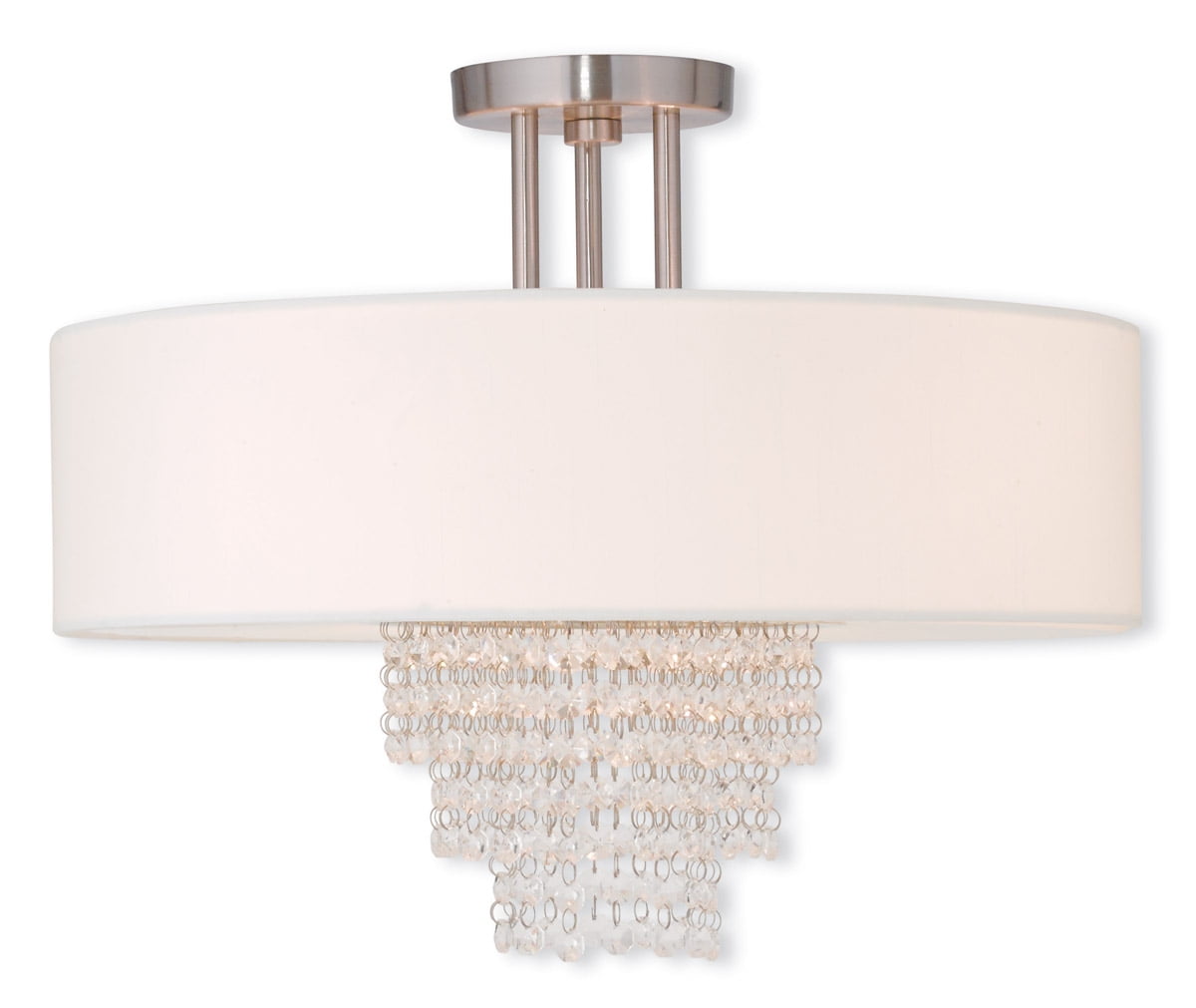 4 Light Brushed Nickel Ceiling Light fixture with Clear Crystals/ Hand Crafted Off-White Fabric Hardback Shade