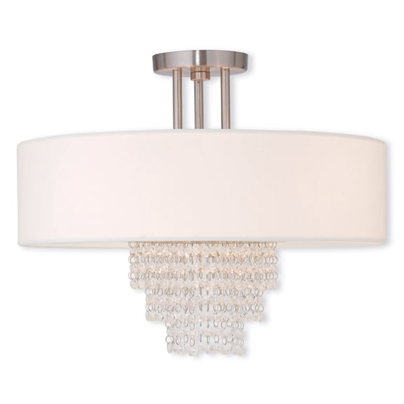 4 Light Brushed Nickel Ceiling Light fixture with Clear Crystals/ Hand Crafted Off-White Fabric Hardback Shade