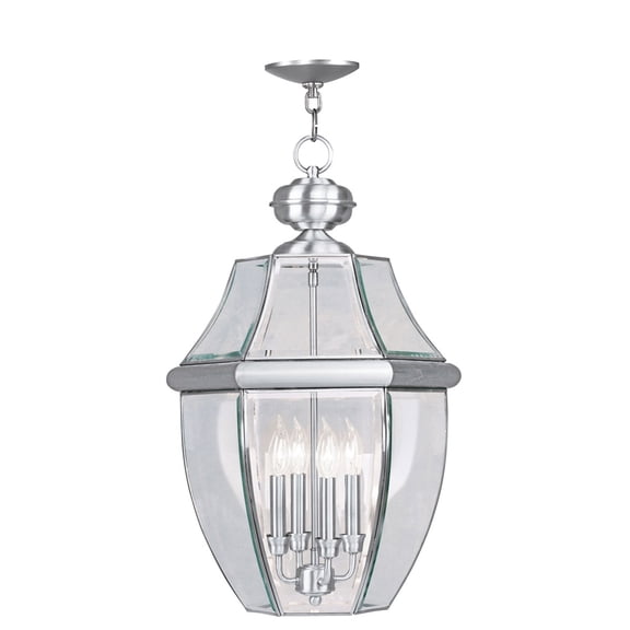 4 Light Brushed Nickel Outdoor Chain Lantern Pendant Lighting Fixture with Clear Beveled Glass Shade backed with Hand Crafted Solid Brass material for patio, front porch, entryway and more