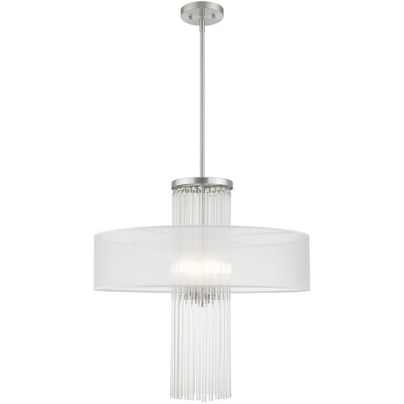 4 Light Brushed Nickel Pendant Chandelier with Clear Crystal Rods/ Hand Crafted Translucent Fabric Shade
