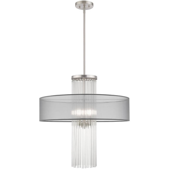 4 Light Brushed Nickel Pendant Chandelier with Clear Crystal Rods/ Hand Crafted Translucent Gray Fabric Shade