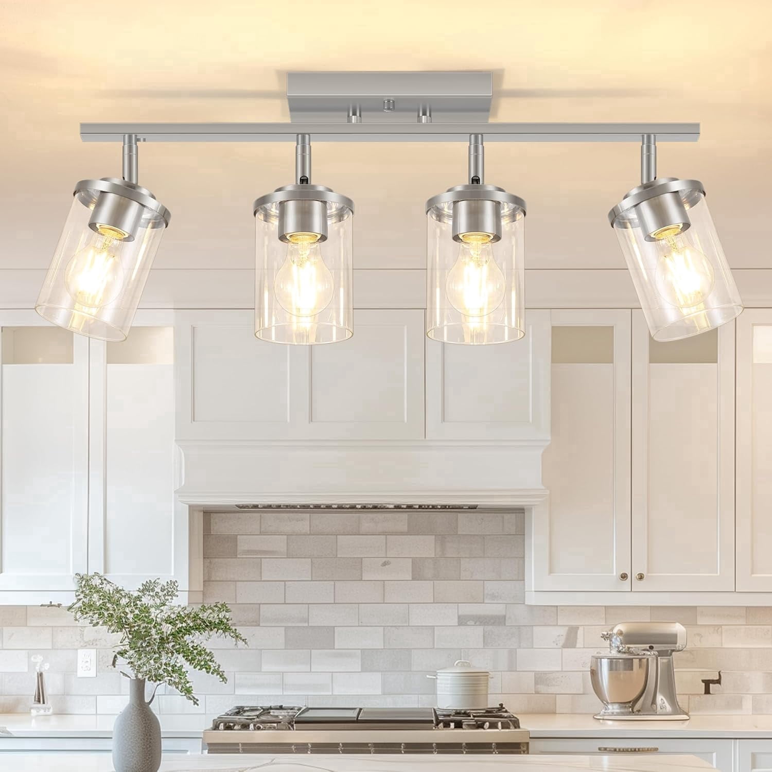 4-Light Brushed Nickel Track Lighting Kit with Clear Glass, Modern Track Light Fixtures Flush Ceiling Mounted, Tracking Vanity Lighting Rotatable Spotlight for Kitchen Bathroom